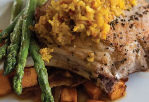 Laura Alberts Tasteful Options' Sweet Tea Brined Pork Chops and Sweet Potato and Bacon Hash