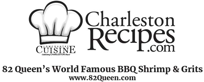 CharlestonRecipes.com Logo + 82 Queen BBQ Shrimp & Grits title