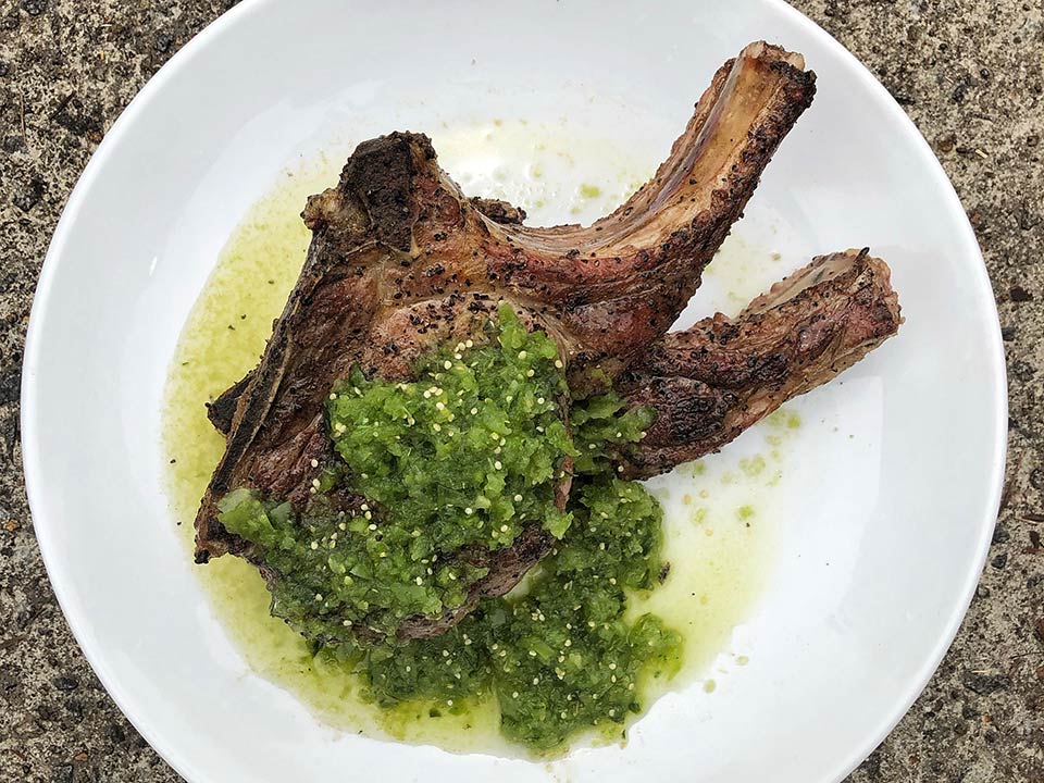 Double-cut Pork Chops with Charred Salsa Verde