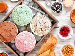 A selection of yummy ice creams and toppings